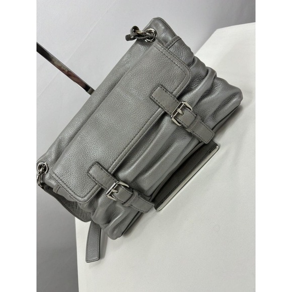 Cole Haan Crossbody Bag Silver Leather Buckles Outside Pocket Zipper Closure - Picture 11 of 11